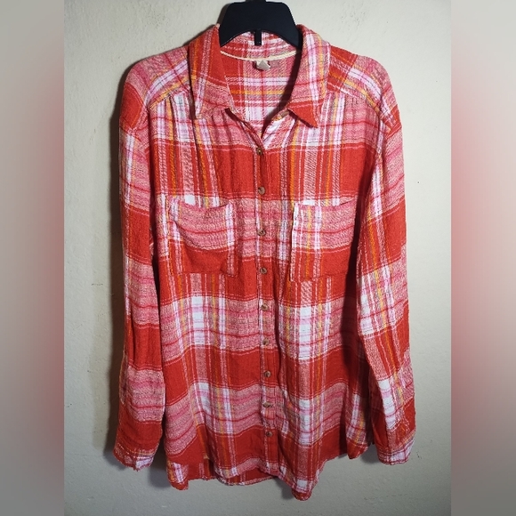 Pilcro Top Orange Plaid Soft Button Down Tunic Boho Fall - Picture 1 of 16